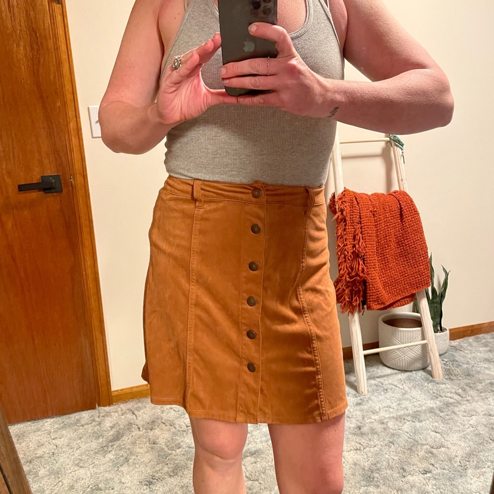 Suede Camel Button Up Skirt